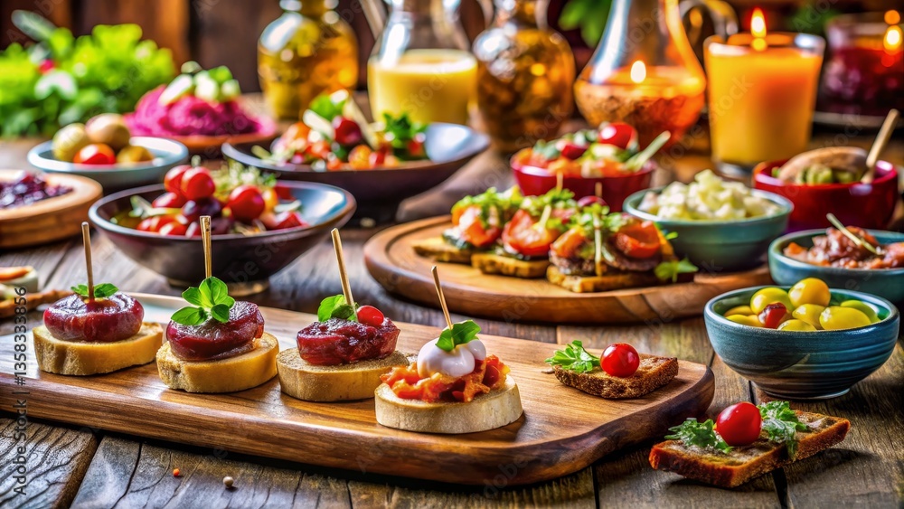 Appetizing Tapas Assortment on Wooden Table Appetizing Tapas Assortment on Wooden Table