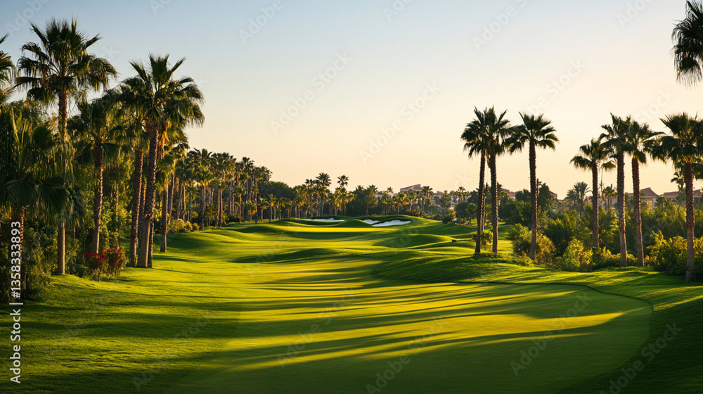 Fototapeta premium Stunning golf course at sunset with serene fairway and scenic Landscape, Generative AI