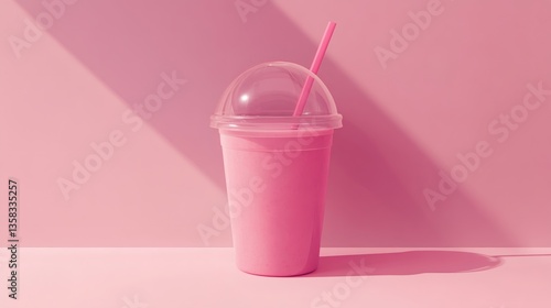 Single vibrant pink smoothie on matching background, minimalistic aesthetic
