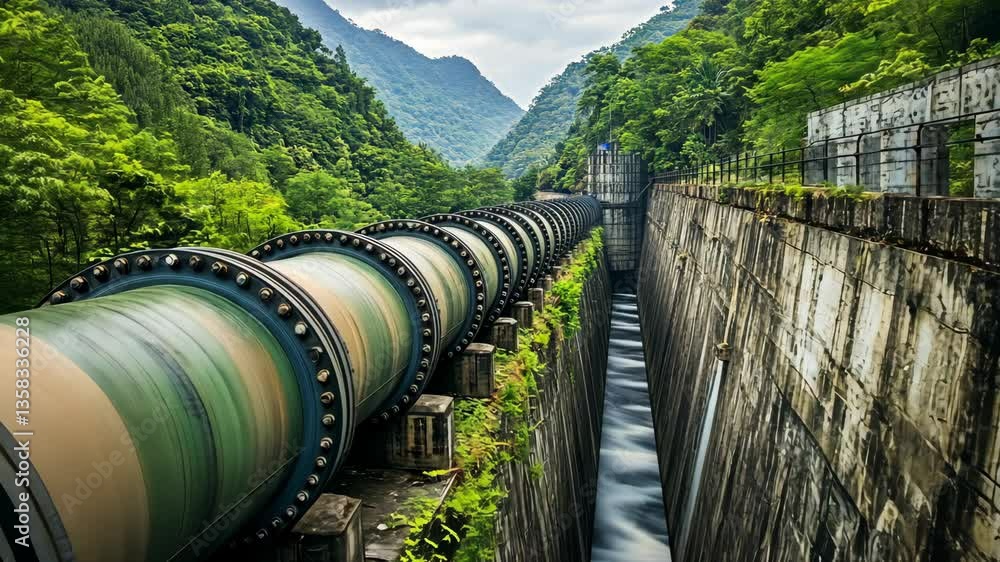 Water flows through a large pipeline in a mountainous region surrounded by lush greenery and steep cliffs Water flows through a large pipeline in a mountainous region surrounded by lush greenery and steep cliffs