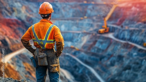 Mining worker oversees open pit quarry landscape at dusk