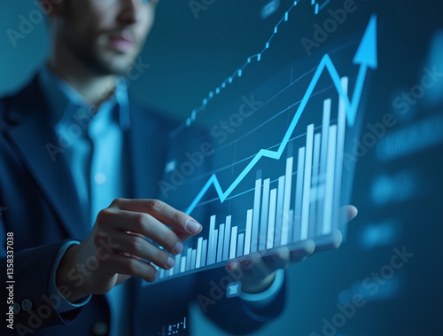 Businessman illustrates growth graph and analyzes financial data , affaires, finance,