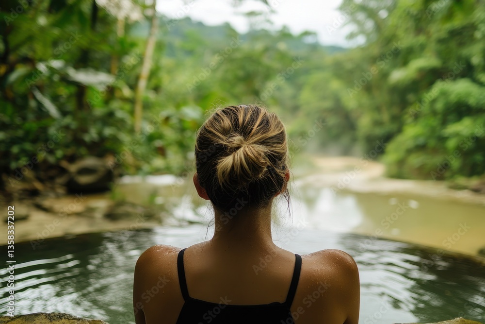 Fototapeta premium A woman relaxing in a thermal pool within a Costa Rican jungle