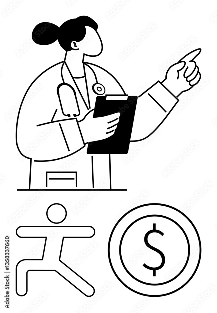 Female doctor holding clipboard and pointing, a figure running, and a dollar sign in separate segments. Ideal for healthcare, fitness, financial planning, wellness advice, medical counseling Female doctor holding clipboard and pointing, a figure running, and a dollar sign in separate segments. Ideal for healthcare, fitness, financial planning, wellness advice, medical counseling