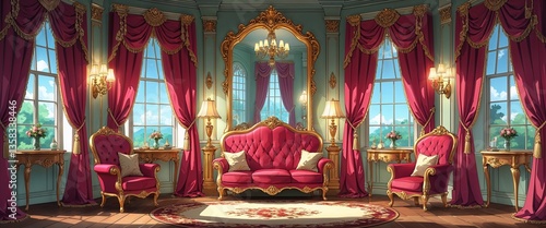 cartoon Luxurious Victorian parlor with velvet drapes and gilded mirror anime illustration art design
