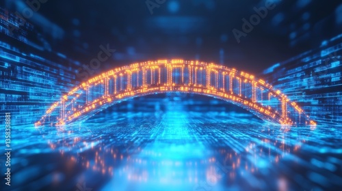 Futuristic Digital Bridge Archway glowing with binary code data streams