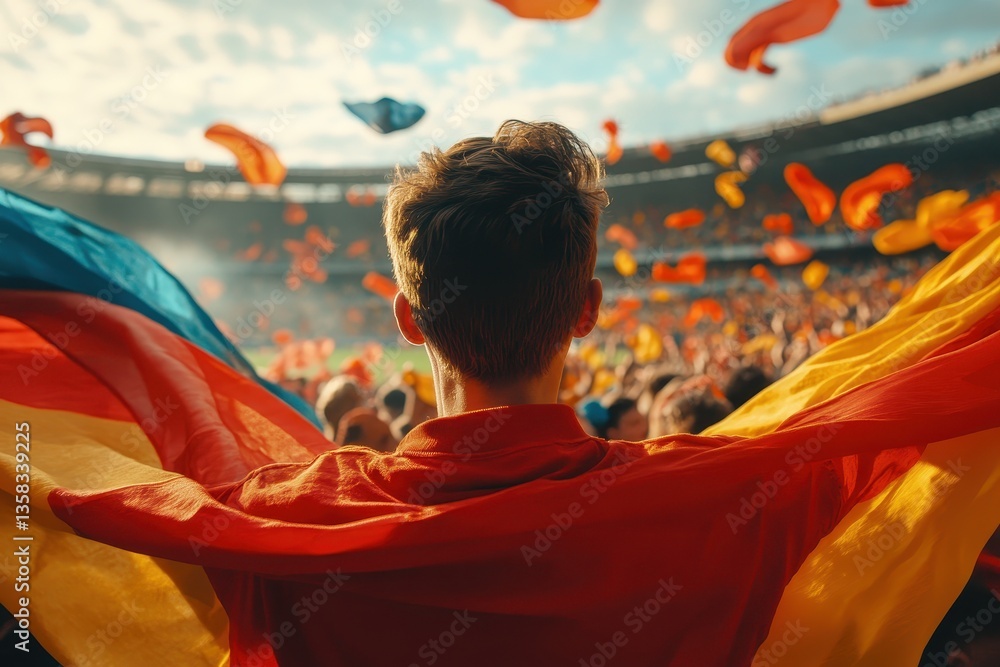 Obraz premium Evening stadium scene passionate football fans in colorful scarves support their team during a match