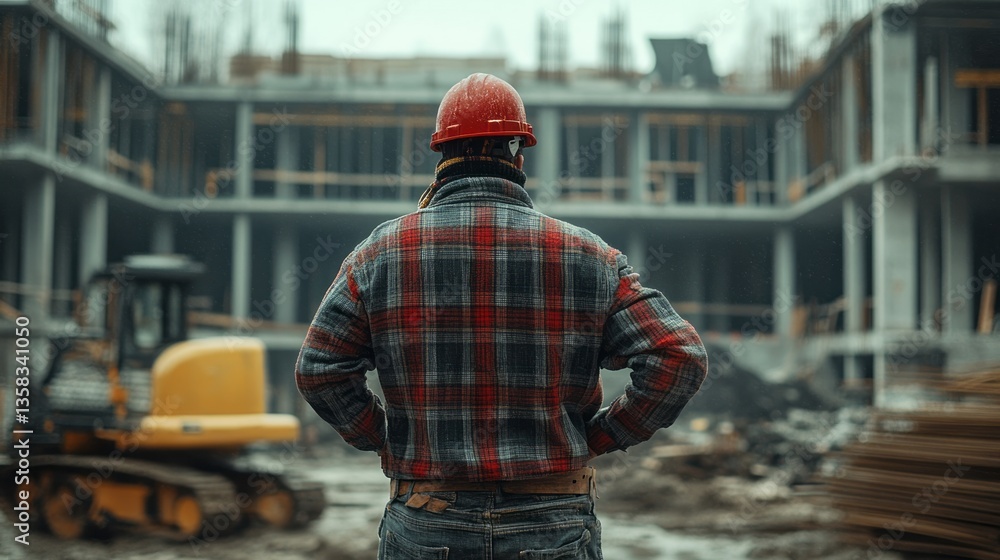Construction worker surveys building progress on site with machinery Construction worker surveys building progress on site with machinery