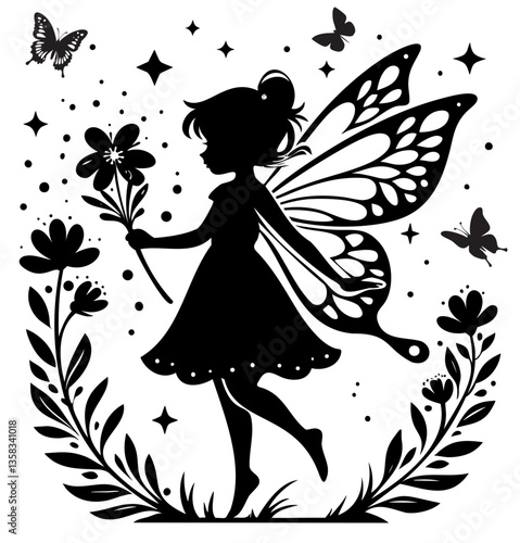 Fae Pixie Girl Fairy Magic Flower Butterfly Wings Logo Graphic Silhouette Shape Clipart Digital Art Illustration