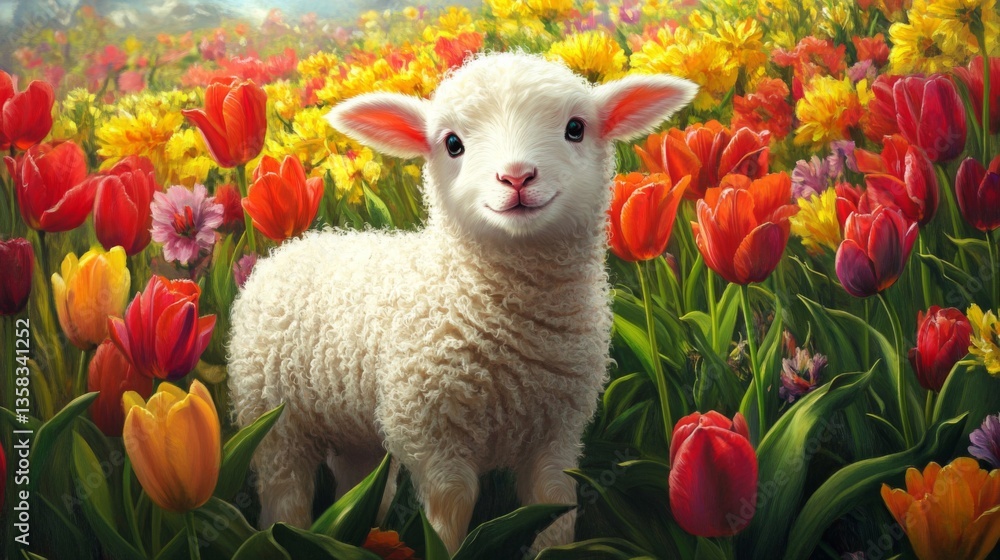 Cute Fluffy Lamb in Vibrant Spring Tulip Field Cute Fluffy Lamb in Vibrant Spring Tulip Field