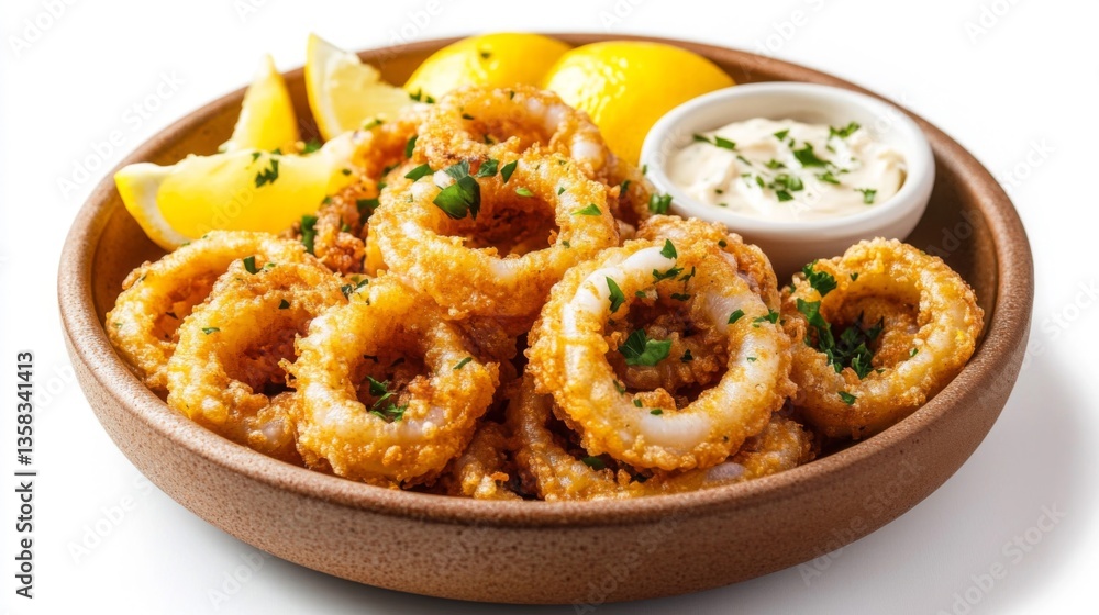 Crispy Fried Calamari Rings with Creamy Sauce and Lemon Crispy Fried Calamari Rings with Creamy Sauce and Lemon