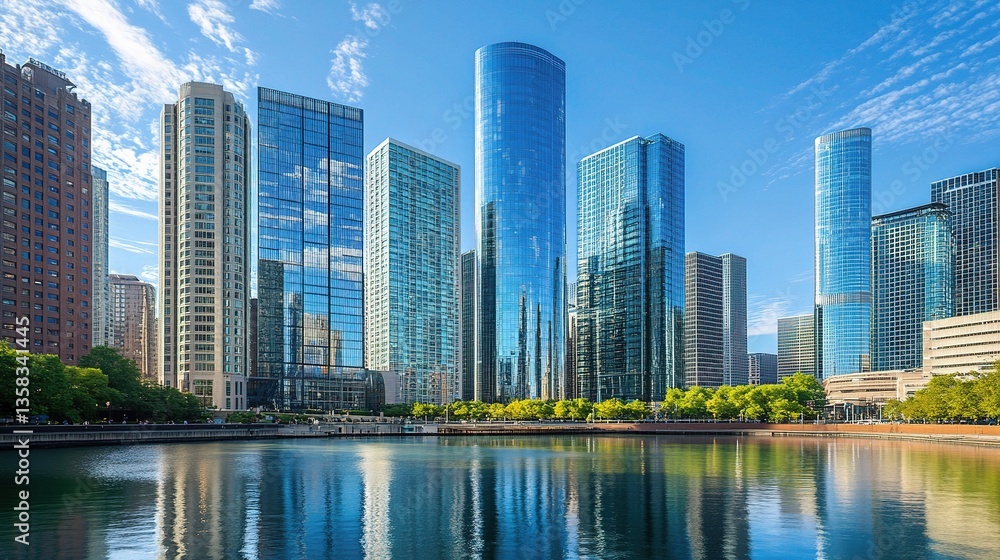 Reflective Glass Skyscrapers in Modern Business District Landscape Reflective Glass Skyscrapers in Modern Business District Landscape