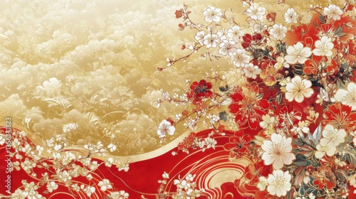 Red and White Flowers on Gold Background Japanese Pattern