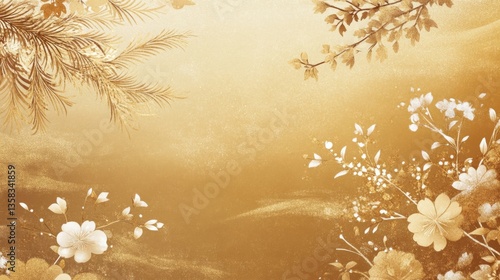 Golden Glitter Floral Background with White Flowers