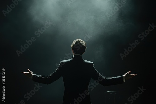 Man directing against a dark backdrop seen from behind