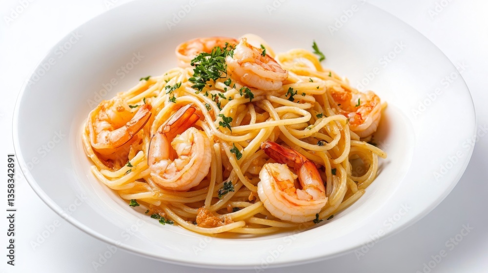 Shrimp Scampi Pasta Dish on White Plate Shrimp Scampi Pasta Dish on White Plate