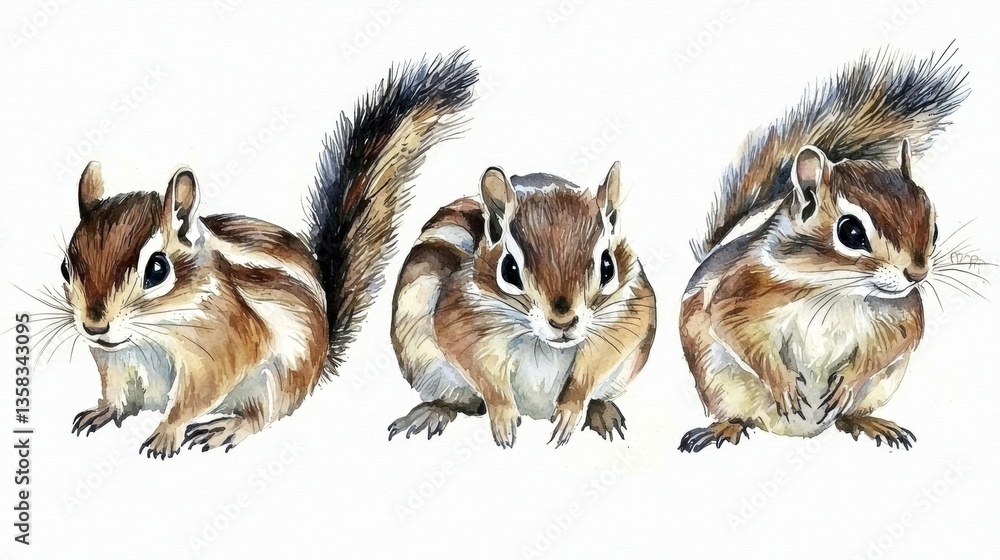 Obraz premium Delicate watercolour art showcasing an adorable chipmunk on a white backdrop.