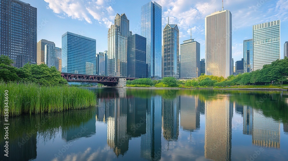 Sleek Skyscrapers with Reflections in Urban Water Scene Sleek Skyscrapers with Reflections in Urban Water Scene