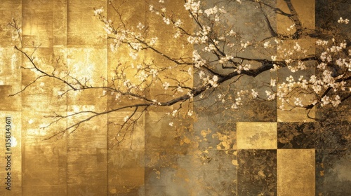 Gold Leaf Texture with Blooming Branch