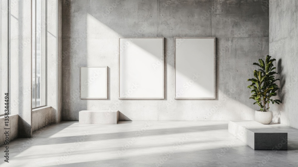 Fototapeta premium Modern Minimalist Interior with Blank Frames and Plant