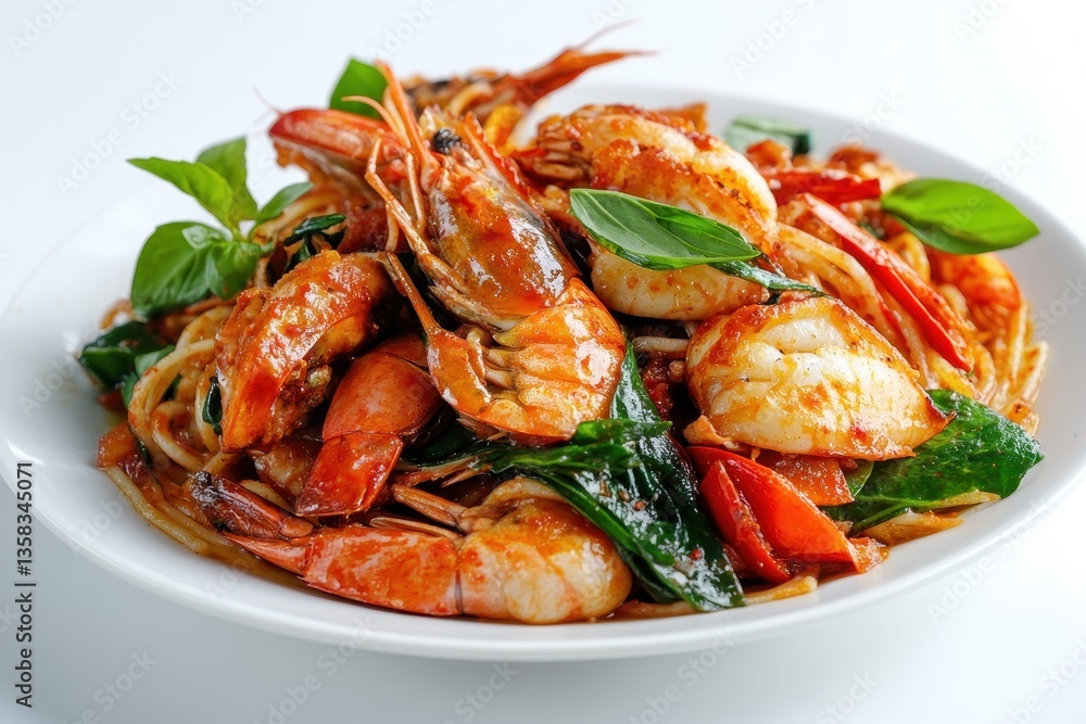 Spicy Thai style seafood spaghetti Pad Kee Mao on a white plate isolated with a shadow viewed from the front with selective focus Spicy Thai style seafood spaghetti Pad Kee Mao on a white plate isolated with a shadow viewed from the front with selective focus