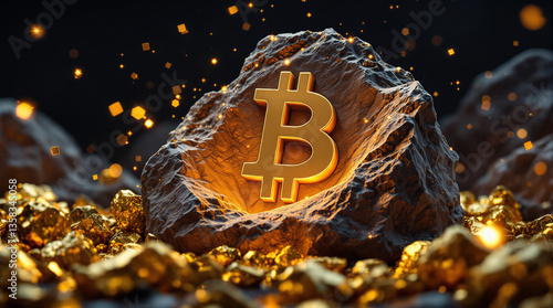 Bitcoin Symbol Emerging from Rock with Golden Nuggets