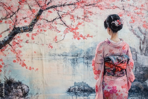 Woman in a yukata admiring blooming cherry blossoms in the garden