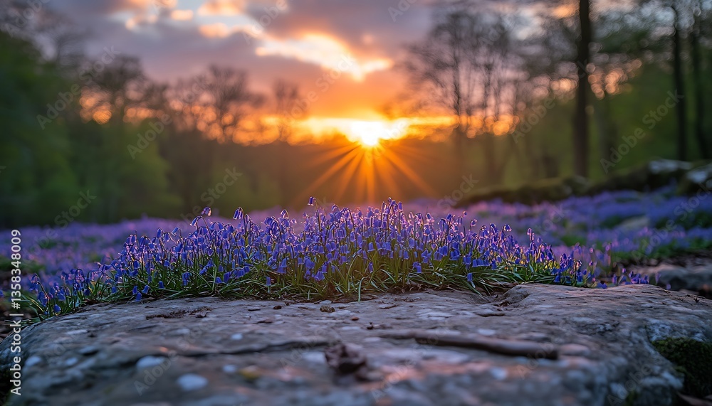 Fototapeta premium Beautiful bluebell field with a setting sun and bright sky