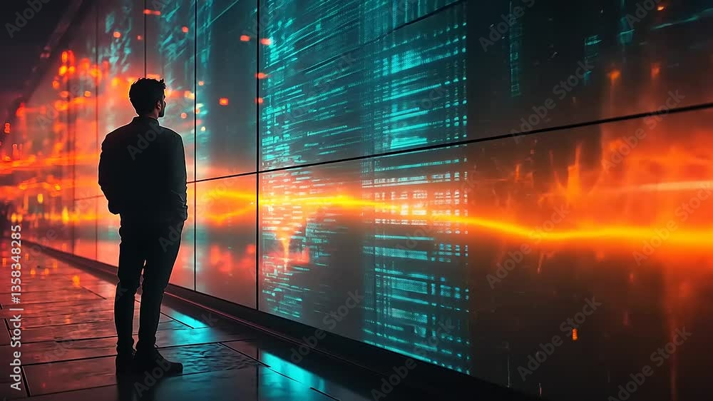A person stands in awe before a vibrant digital display showcasing flowing data streams in a modern setting A person stands in awe before a vibrant digital display showcasing flowing data streams in a modern setting