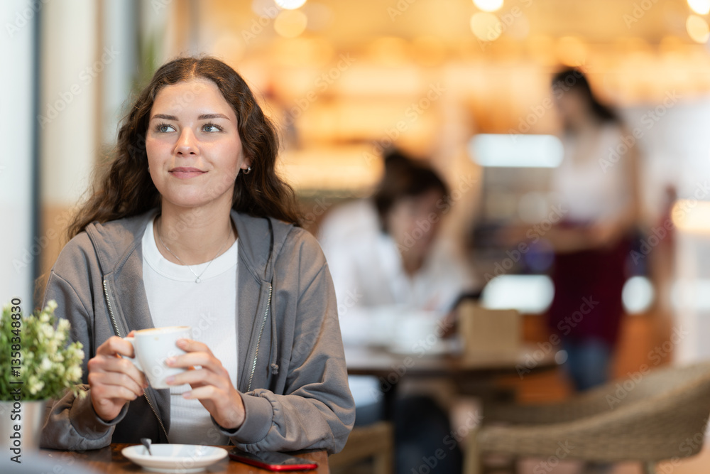 Young woman drinking fresh coffee at table in cafe Young woman drinking fresh coffee at table in cafe