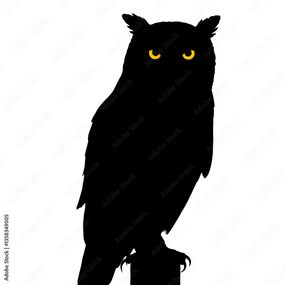 Fototapeta premium Black Silhouette of Horned Owl with Glowing Eyes