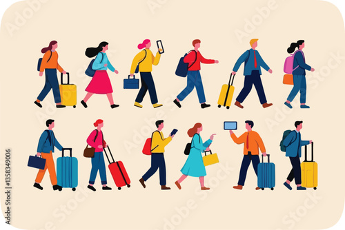 Diverse Crowd of Travelers Walking with Luggage and Bags on Beige Background