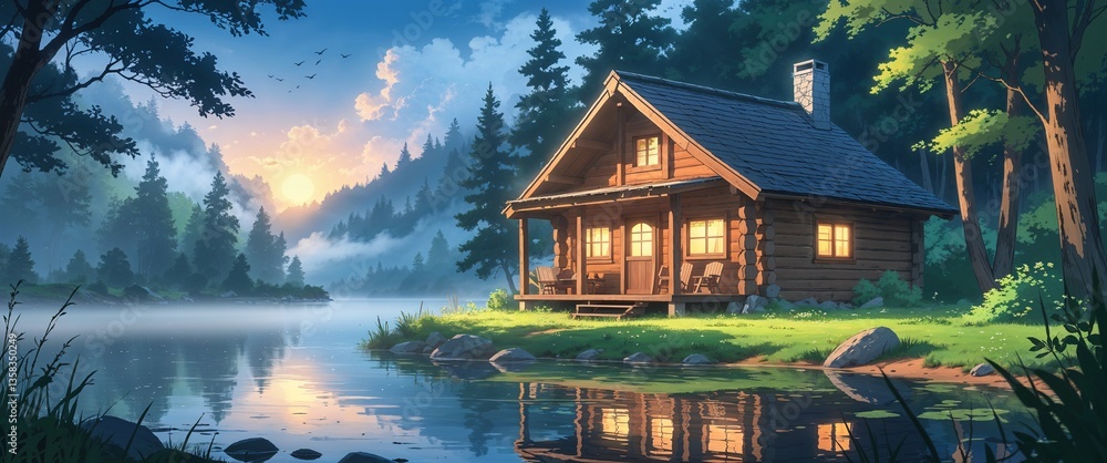 Fototapeta premium cartoon Cozy wooden cabin by forest lake with misty morning summer glow anime illustration art design