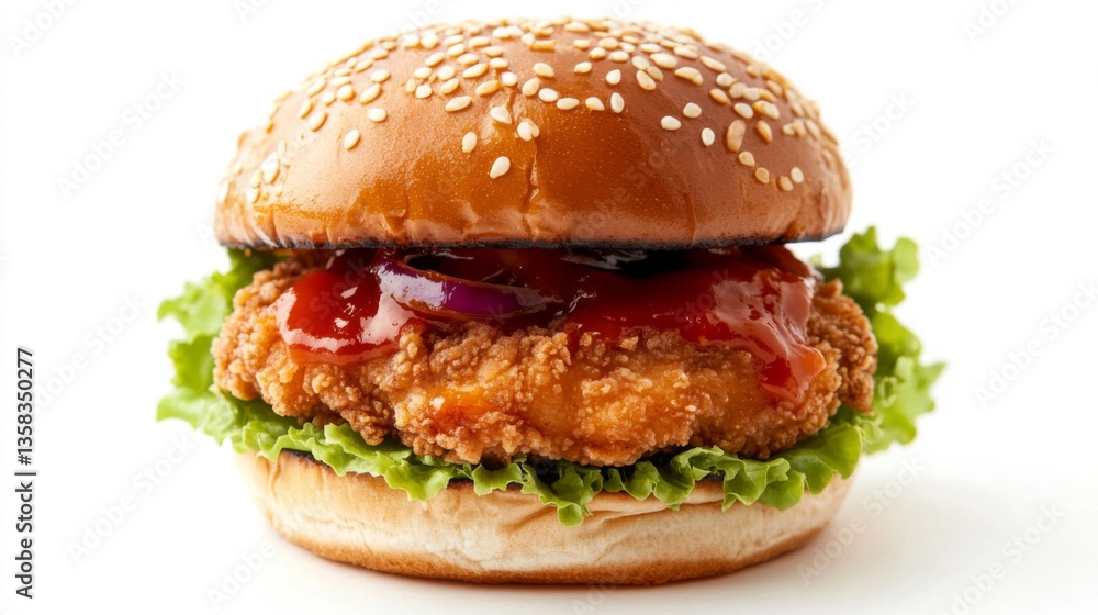 Crispy Chicken Burger with BBQ Sauce and Sesame Bun Crispy Chicken Burger with BBQ Sauce and Sesame Bun