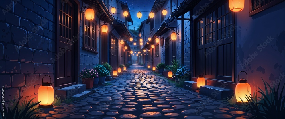 Obraz premium cartoon Narrow cobblestone alley dimly lit by flickering lanterns at night anime illustration art design