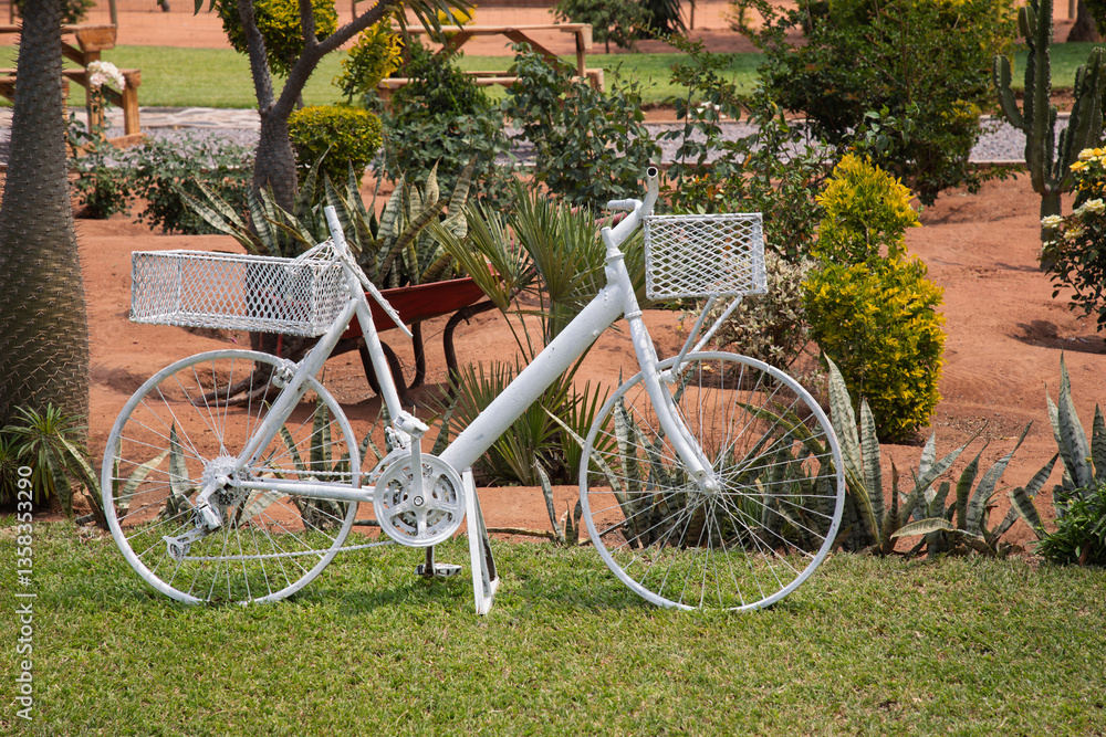 Fototapeta premium vintage bicycle painted white ,garden deco, creativity in decoration of landscaped land, green lawn and wood benches