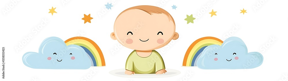 Smiling baby surrounded by clouds rainbows and stars in the sky Smiling baby surrounded by clouds rainbows and stars in the sky