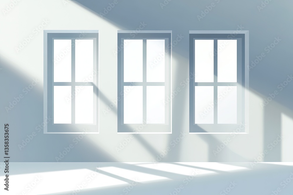 Empty room with three windows, bathed in sunlight.  Shadows cast on the wall and floor