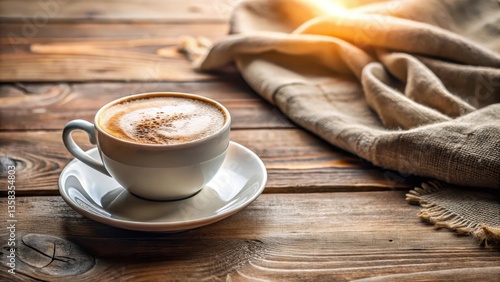 Morning Coffee Delight A Warm Cup of Cappuccino on Rustic Wooden Surface with Soft Fabric