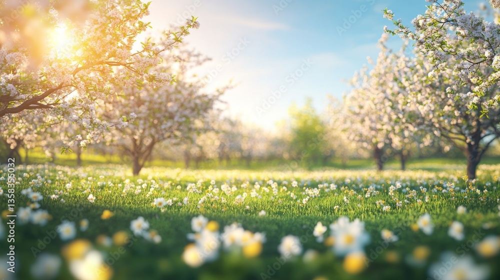 Fototapeta premium Beautiful spring meadow with lush green grass, blooming trees, a vibrant blue sky on a sunny day. A serene nature scene with soft sunlight a dreamy atmosphere, captured with a wide-angle perspective.