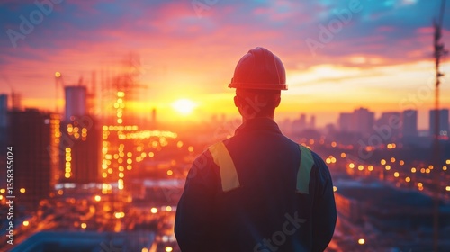 Engineer in hardhat looks at a futuristic cityscape at sunset