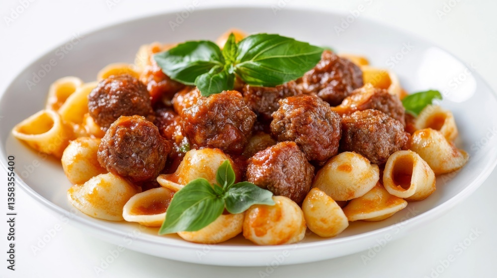 Close-Up of Delicious Meatballs in Red Sauce with Pasta and Basil Close-Up of Delicious Meatballs in Red Sauce with Pasta and Basil