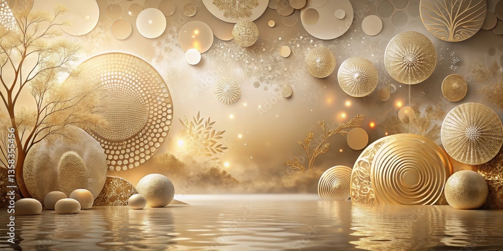 Fototapeta premium Golden Ornate Circles and Reflective Water Scene with Abstract Trees and Orbs