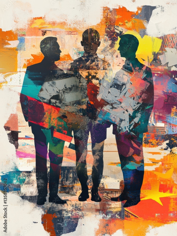 Fototapeta premium Modern artistic collage featuring silhouettes of world leaders engaged in conversation within an abstract political context Generative AI