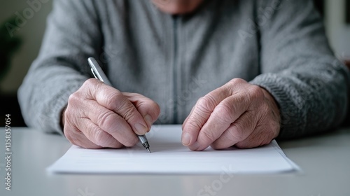 Elderly person writing on a document.  Close-up view of hands holding a pen and writing on white paper