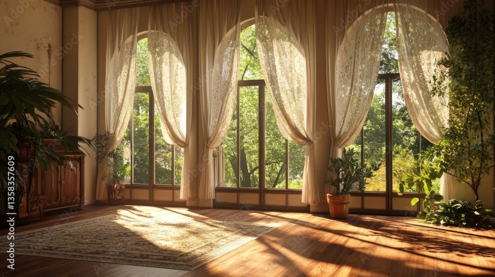 Obraz premium Sunlit Room with Arch Windows and Sheer Curtains