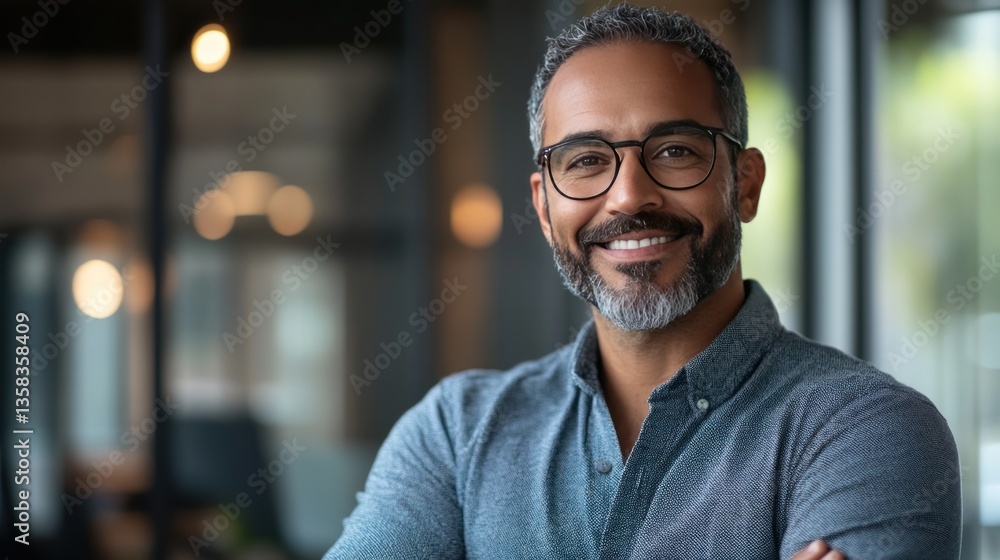 Obraz premium Portrait of a Smiling Middle-Aged Man with Graying Hair and Glasses in a Modern Office Setting