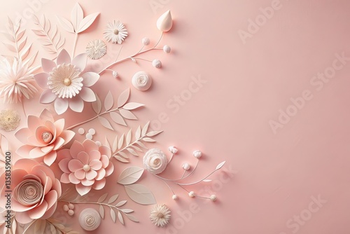 Elegant Paper Flower Arrangement on a Pastel Pink Background A Delicate and Romantic Design Featuring Various Floral Elements
