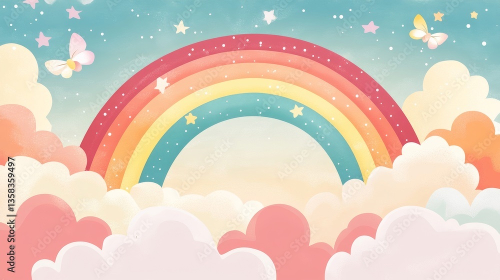 Pastel Rainbow Over Fluffy Clouds and Butterflies Pastel Rainbow Over Fluffy Clouds and Butterflies
