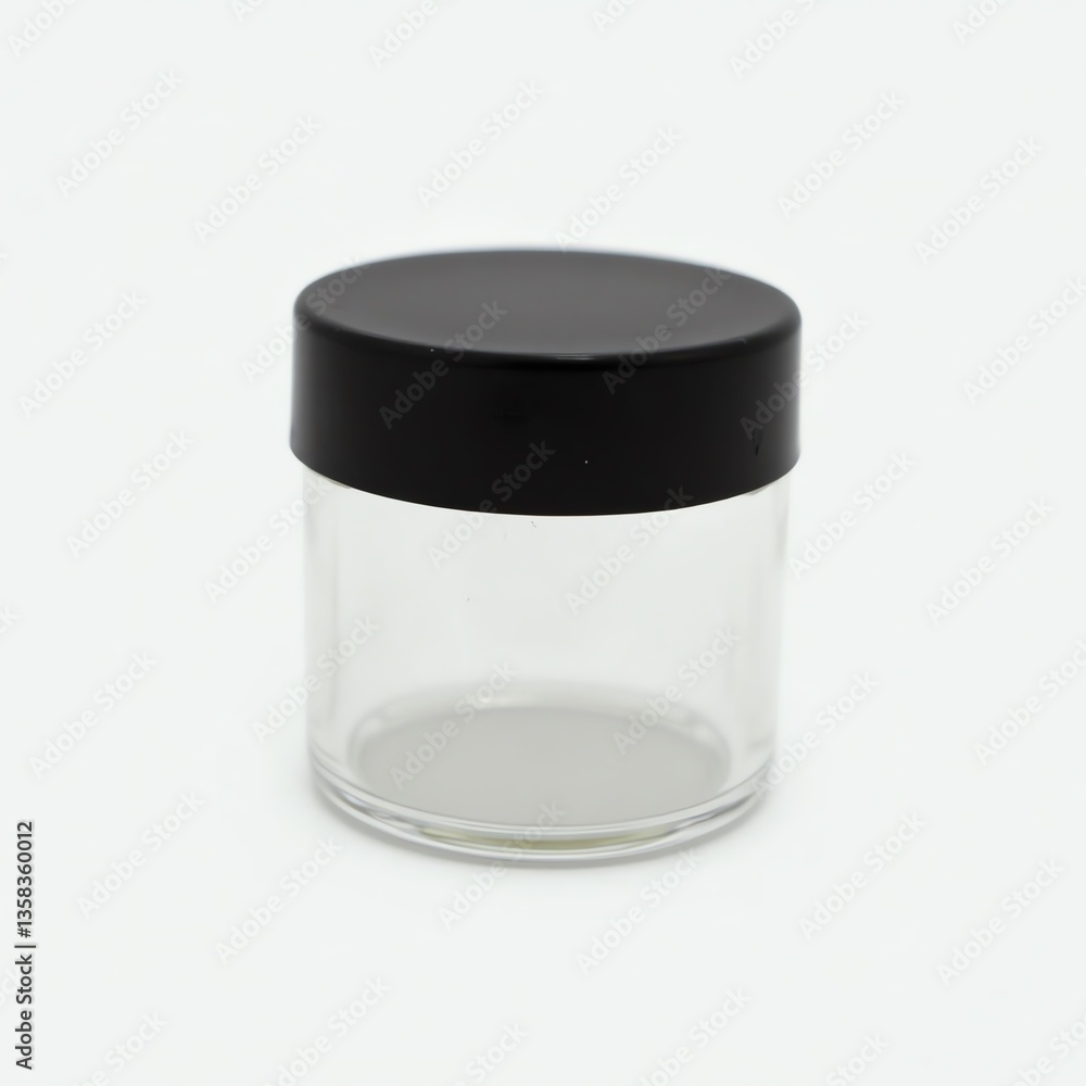 Minimalist clear jar with black lid on plain background for storage or decor. Minimalist clear jar with black lid on plain background for storage or decor.